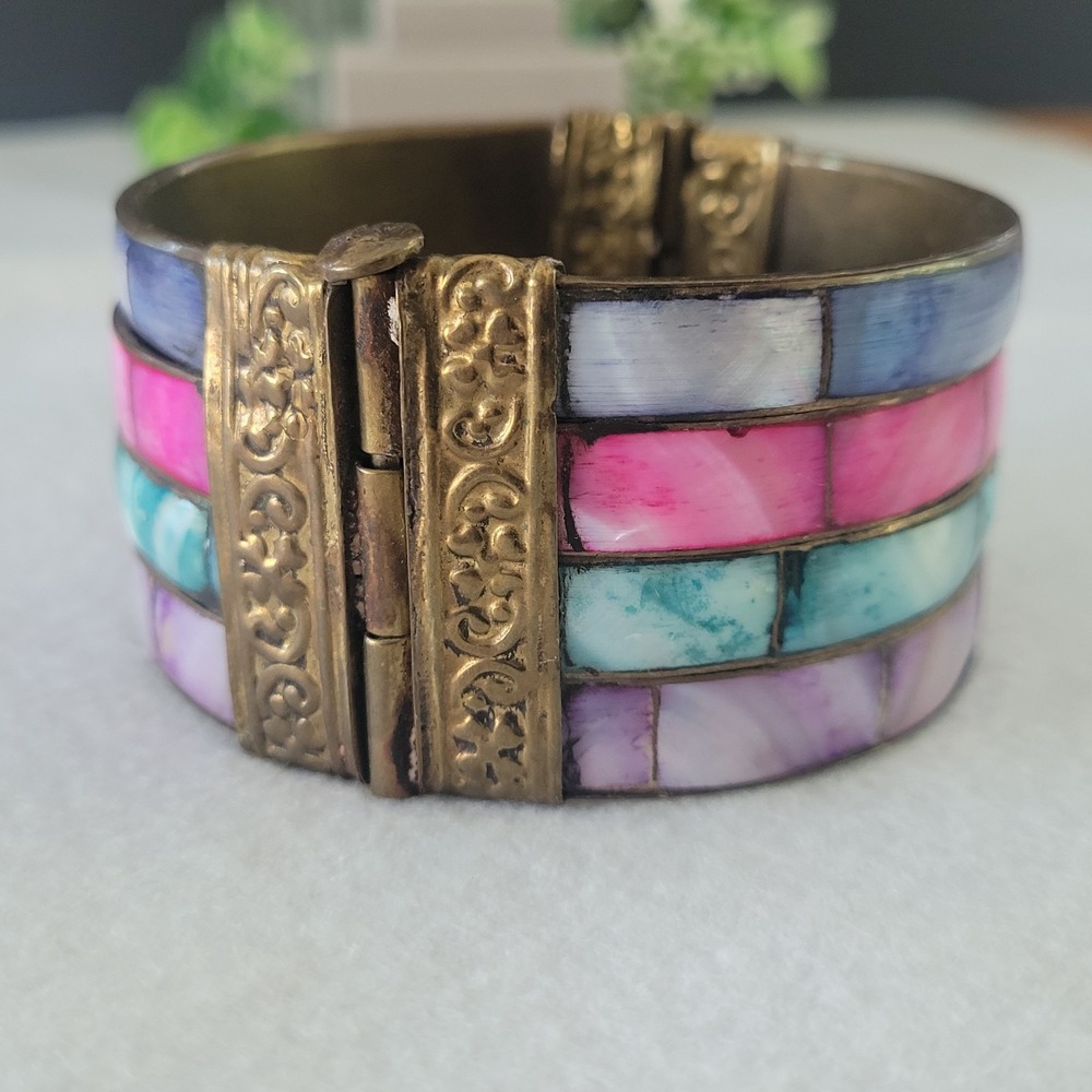 Artisan Shell Inlay Cuff Bracelet Pink Blue Lavender Brass Tone Hinged